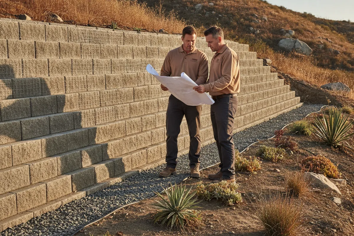 Homeowner and a wall crew foreman reviewing a retaining wall plan on a San Diego hillside lot.