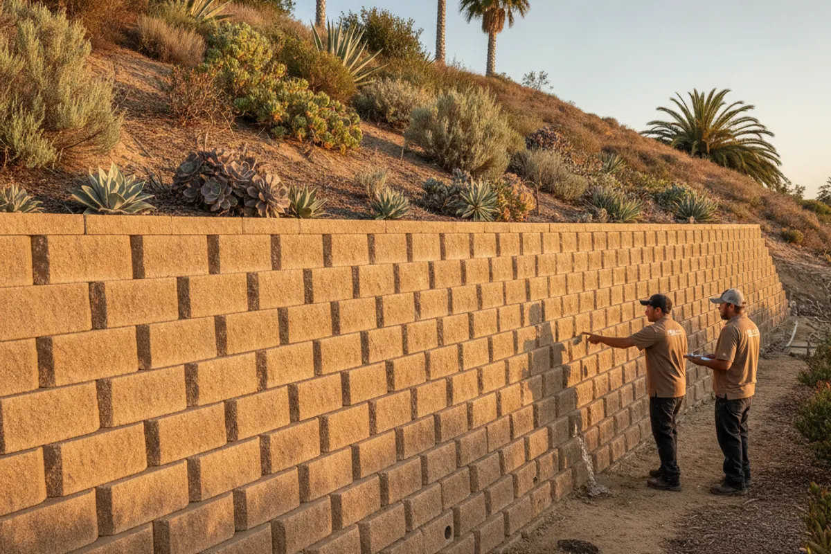 Crew installing a concrete block retaining wall on a San Diego County hillside lot with slope grading work visible behind.