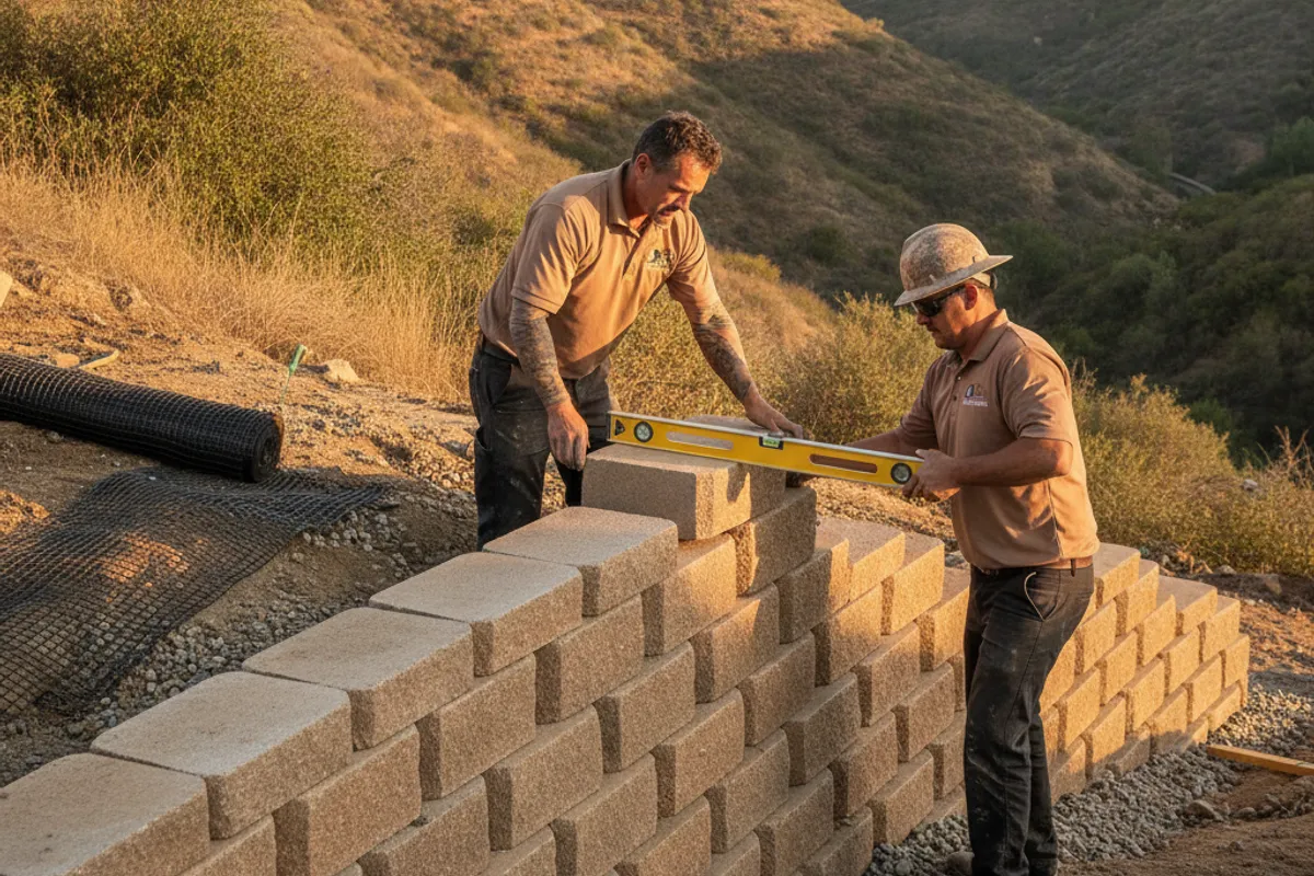 Newly completed natural stone retaining wall along a terraced hillside lot in San Diego County.