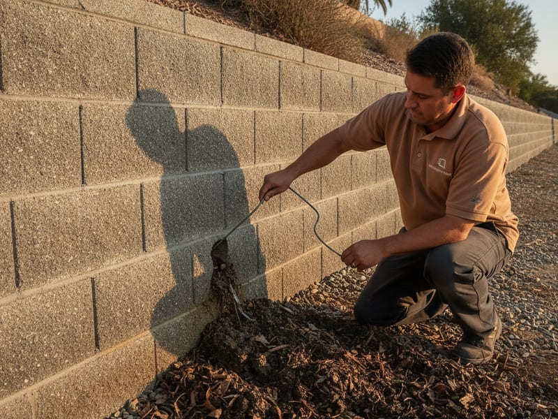 Homeowner clearing blocked weep holes at the base of a retaining wall with a wire probe on a San Diego property