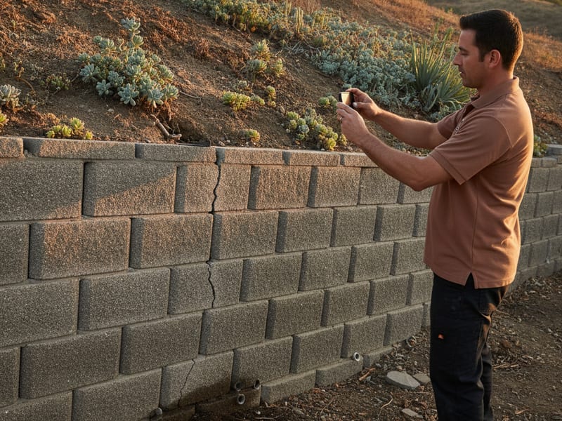 Homeowner photographing a cracked and leaning retaining wall on a San Diego hillside for a contractor quote