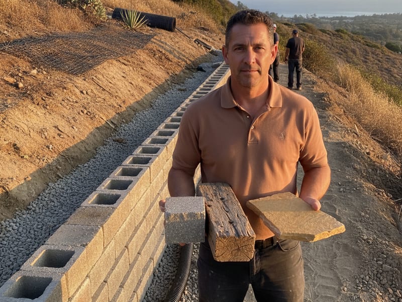 Homeowner comparing concrete block, timber, and natural stone wall material samples outdoors at a San Diego property