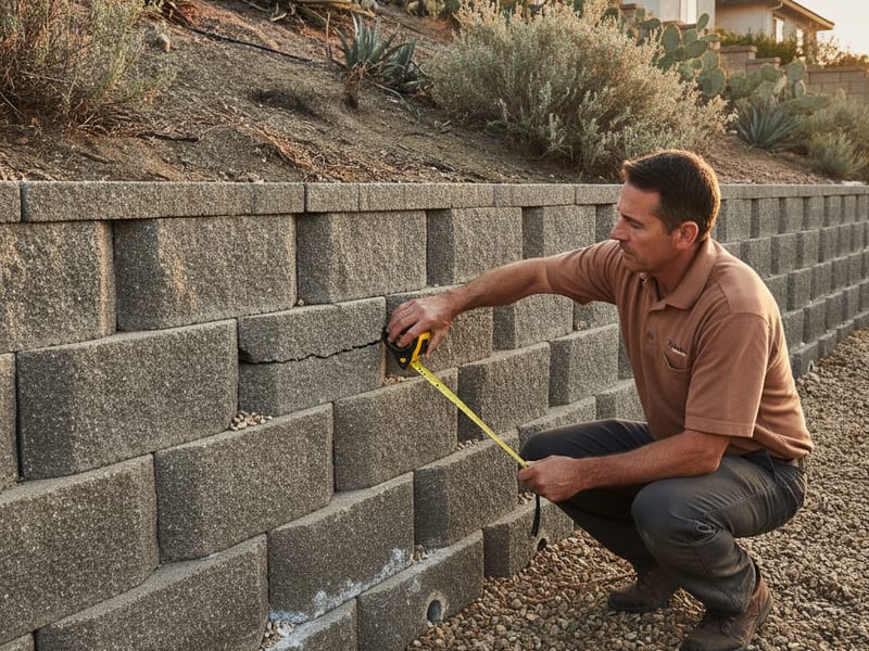 Homeowner inspecting a concrete block retaining wall for cracks and bowing on a San Diego hillside