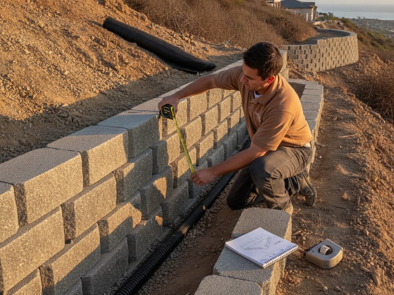 Homeowner measuring retaining wall height with a tape measure on a San Diego hillside lot