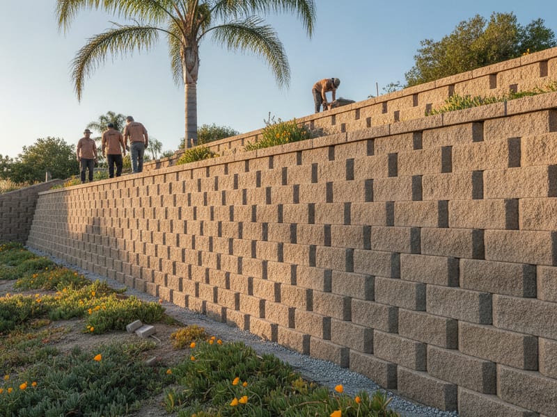 Completed Allan Block segmental retaining wall on a graded residential lot in San Diego County with visible cap course and drainage outlet