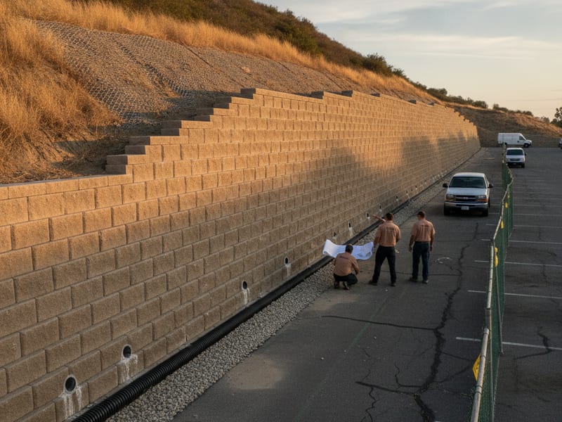 Commercial retaining wall under construction at a San Diego County commercial property showing large-format block and geogrid installation