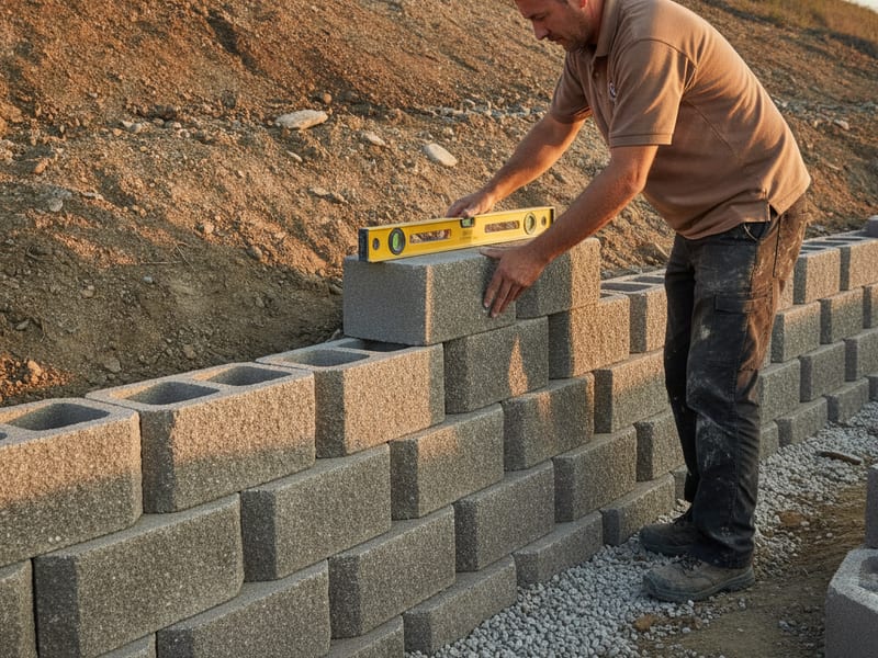 Crew setting concrete block courses on a new retaining wall on a San Diego hillside lot with drainage aggregate visible