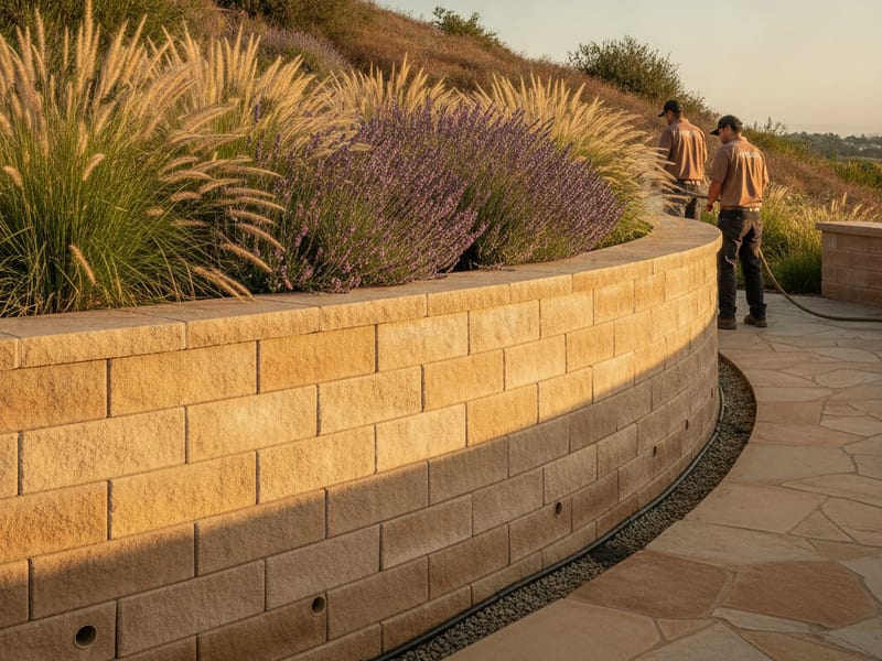 Decorative retaining wall with dry-stacked stone veneer and concrete cap blocks along a driveway in a San Diego County residential neighborhood
