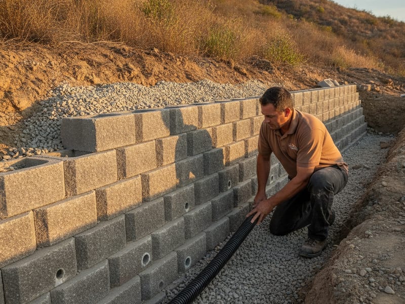 Retaining wall drainage installation showing perforated pipe at the base of drainage aggregate with outlet pipe running to daylight on a San Diego hillside