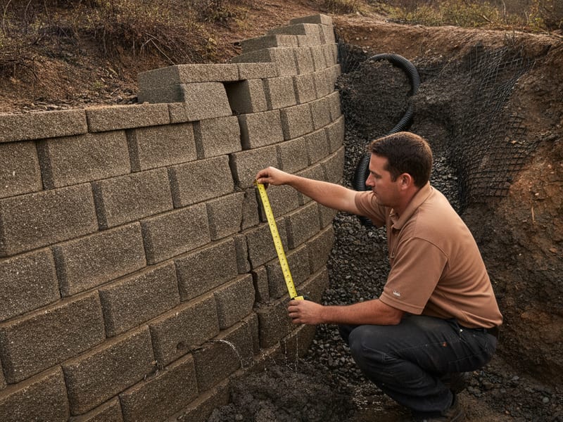Crew assessing a leaning concrete block retaining wall on a San Diego hillside lot after winter rain