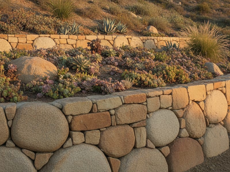 Dry-stacked natural stone retaining wall along a terraced hillside lot in a San Diego County residential neighborhood