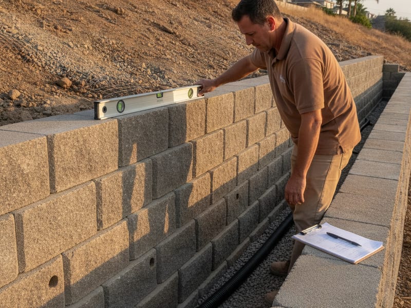 Wall crew inspector examining the base course and drainage outlet of a concrete block retaining wall on a San Diego hillside property