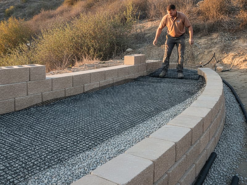 Segmental interlocking concrete block retaining wall along a pool area on a San Diego residential property