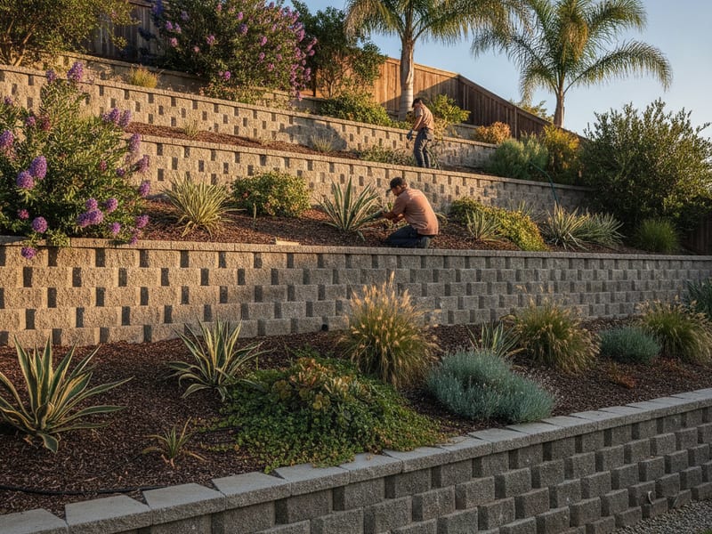 Multi-tier terraced garden walls on a San Diego hillside lot with planting beds between each tier and a drainage outlet visible at grade