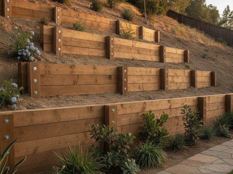 Completed pressure-treated timber retaining wall terracing a garden slope in a San Diego County backyard